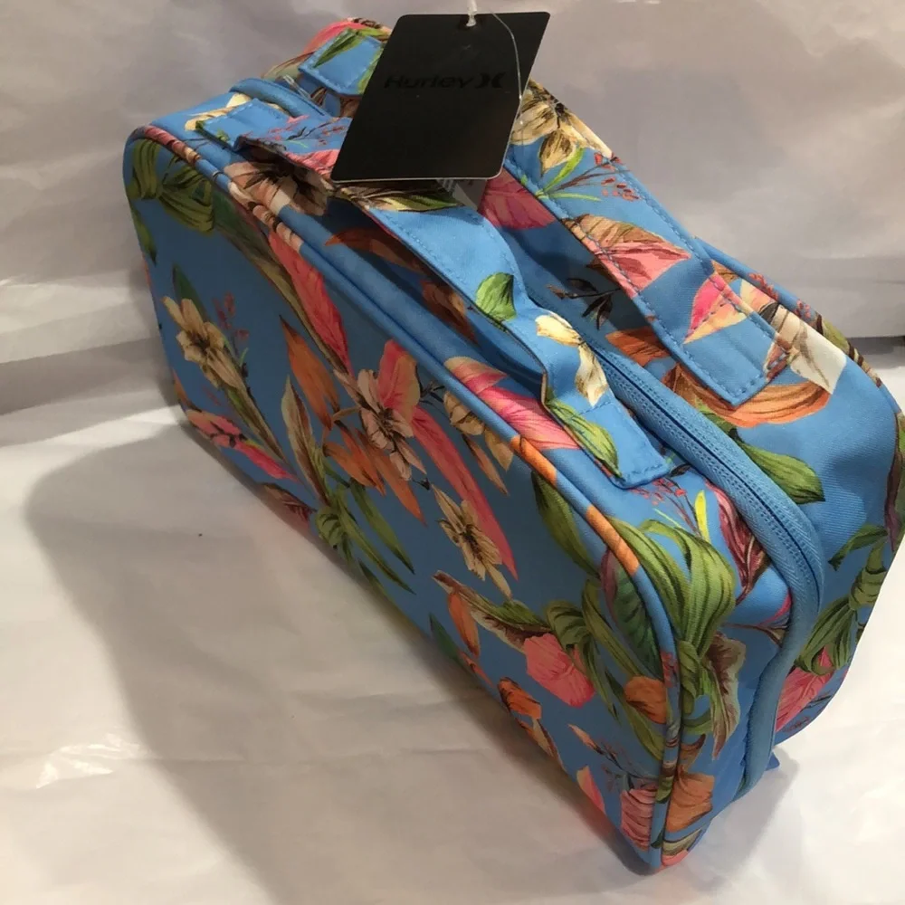Hurley blue tropical floral print vinyl zip around makeup cosmetics‎ beauty case